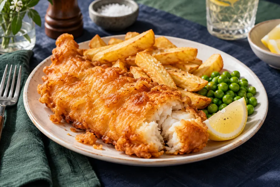 Illustrative fish and chips with peas and lemon