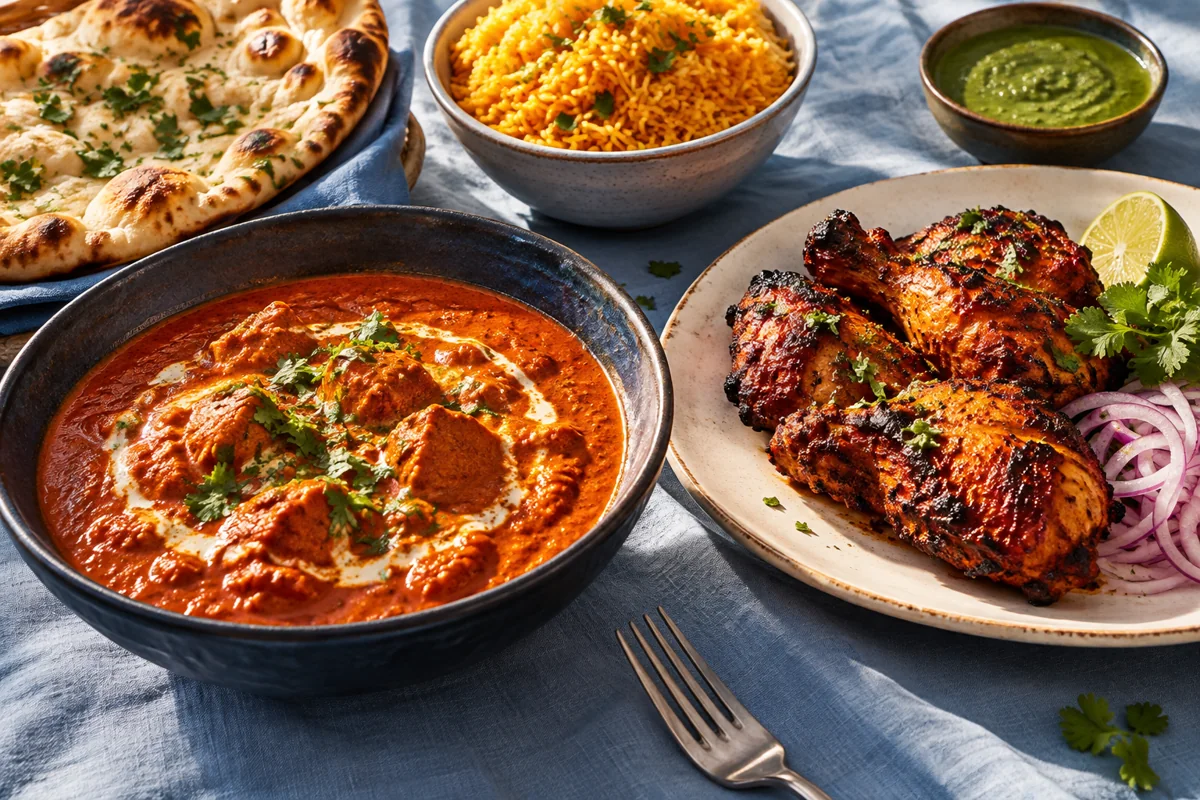 Illustrative Indian dishes with curry, tandoori chicken, naan and rice